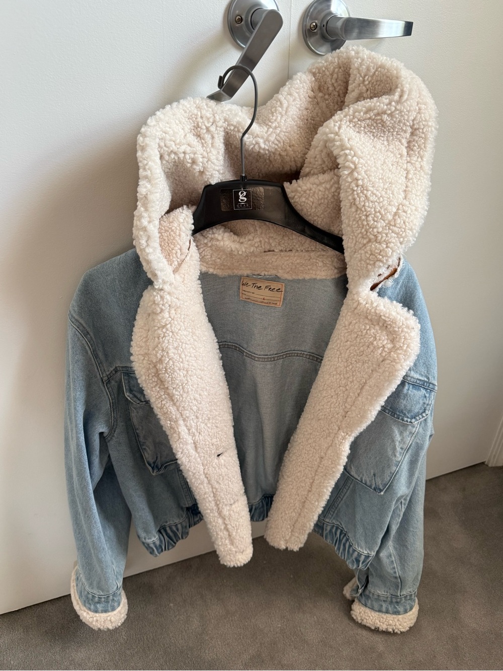 Free People Light Blue Denim Jacket with Brown Sherpa Hood - Picture 5 of 11